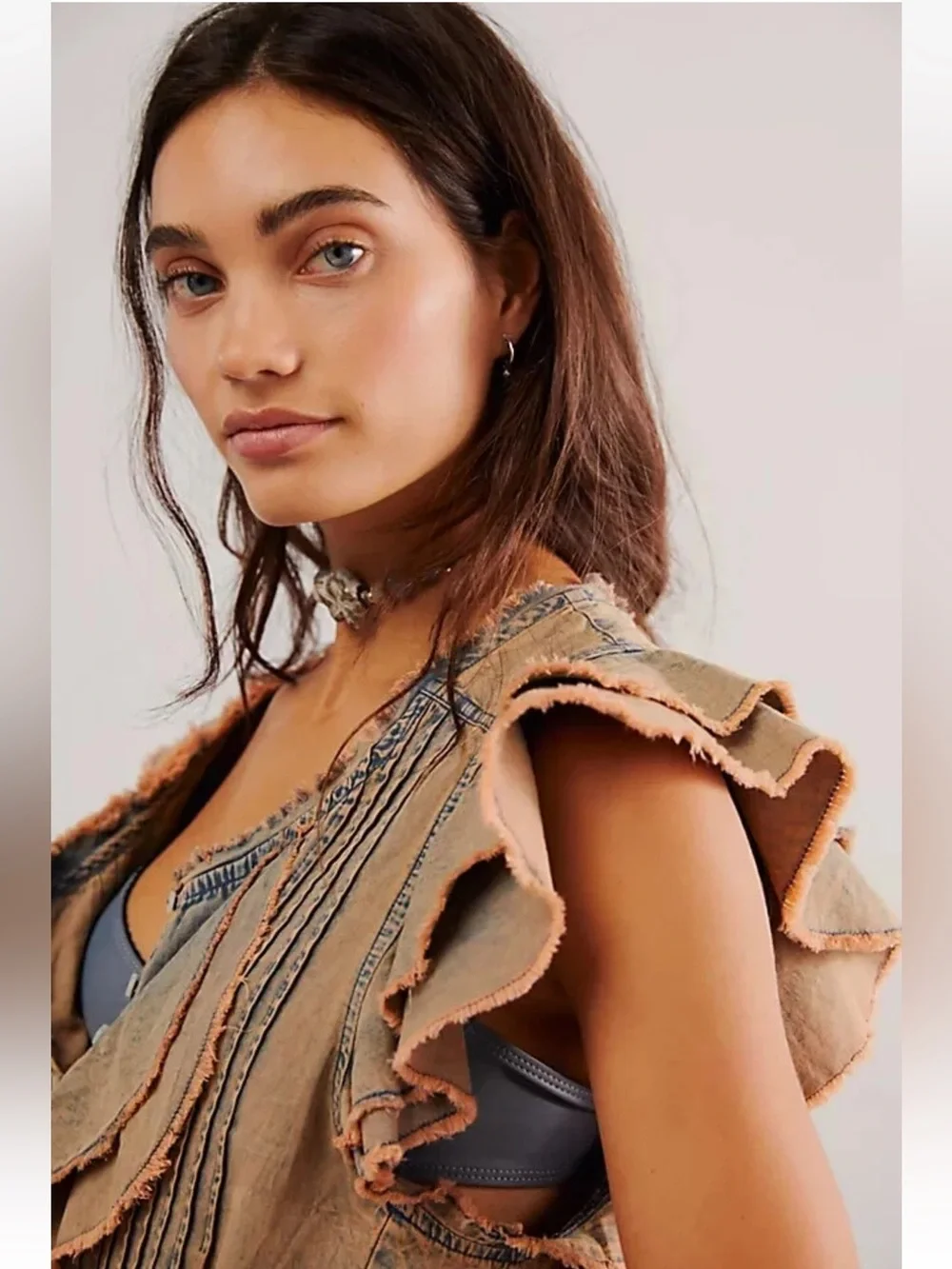 Free People FP One Naya Chambray Romper With Pockets Brown Flutter Sleeves S NEW - Picture 3 of 6